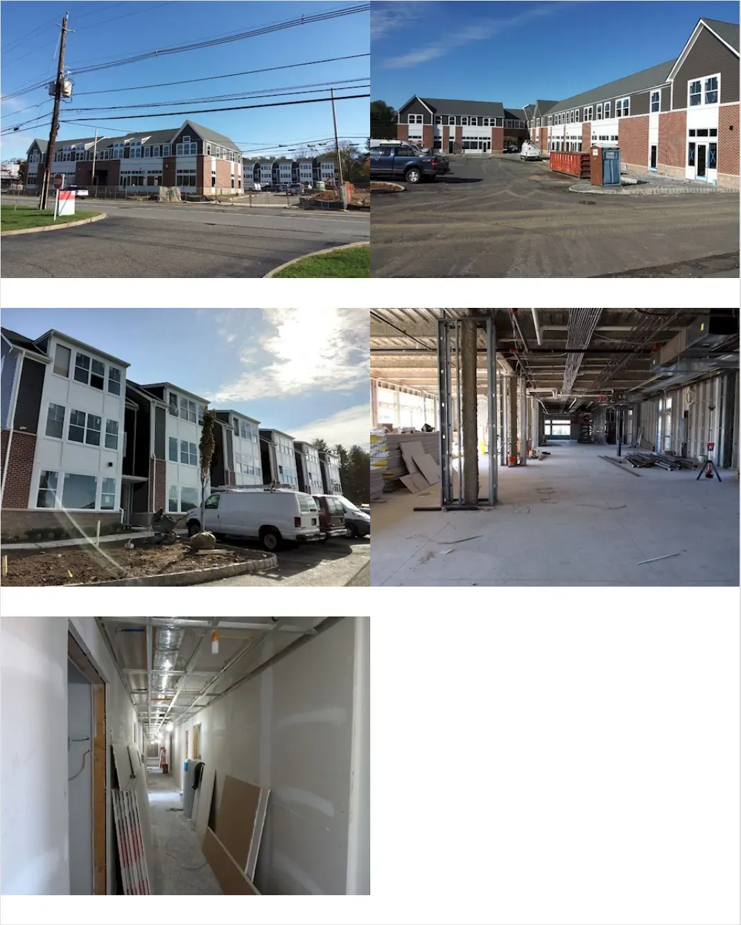 Top left: Exterior view of a multi-story brick-and-siding building under construction beside a roadway with overhead utility lines.  Top right: Exterior courtyard view of two connected multi-story buildings under construction, with parked vehicles, a dumpster, and a portable toilet in the foreground.  Middle left: Exterior side view of a newly built multi-story residential building with parked work vans and unfinished landscaping.  Middle right: Interior of a large building under construction with exposed framing, ductwork, piping, and open floor space.  Bottom left: Narrow interior hallway under construction with unfinished drywall, exposed ceiling systems, and building materials leaning against the walls.