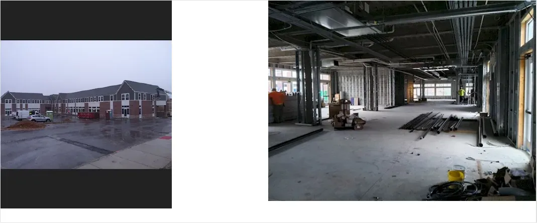 Left image: Exterior view of a large multi-story commercial or residential building under development on a rainy day, with parked vehicles and construction materials near the entrance.  Right image: Interior of a large commercial building under construction, showing exposed framing, ceiling systems, construction materials on the floor, and workers in the distance.